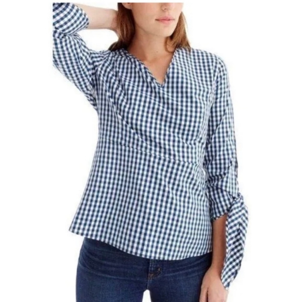 Universal Standard J. Crew Ginham Poplin Tie Sleeve Blouse - Picture 2 of 9